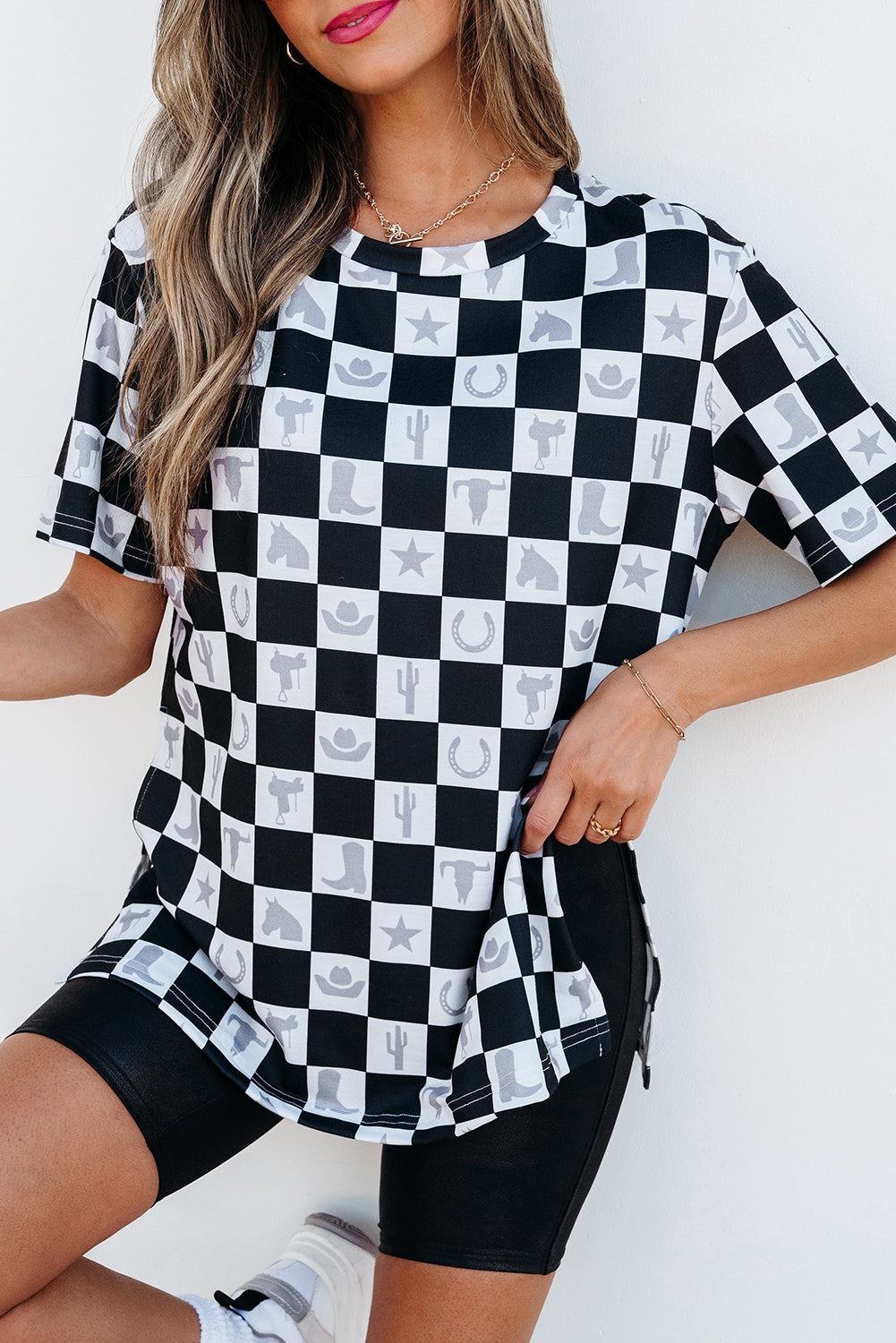 Black Western Fashion Checkerboard Print Side Split T Shirt eAura