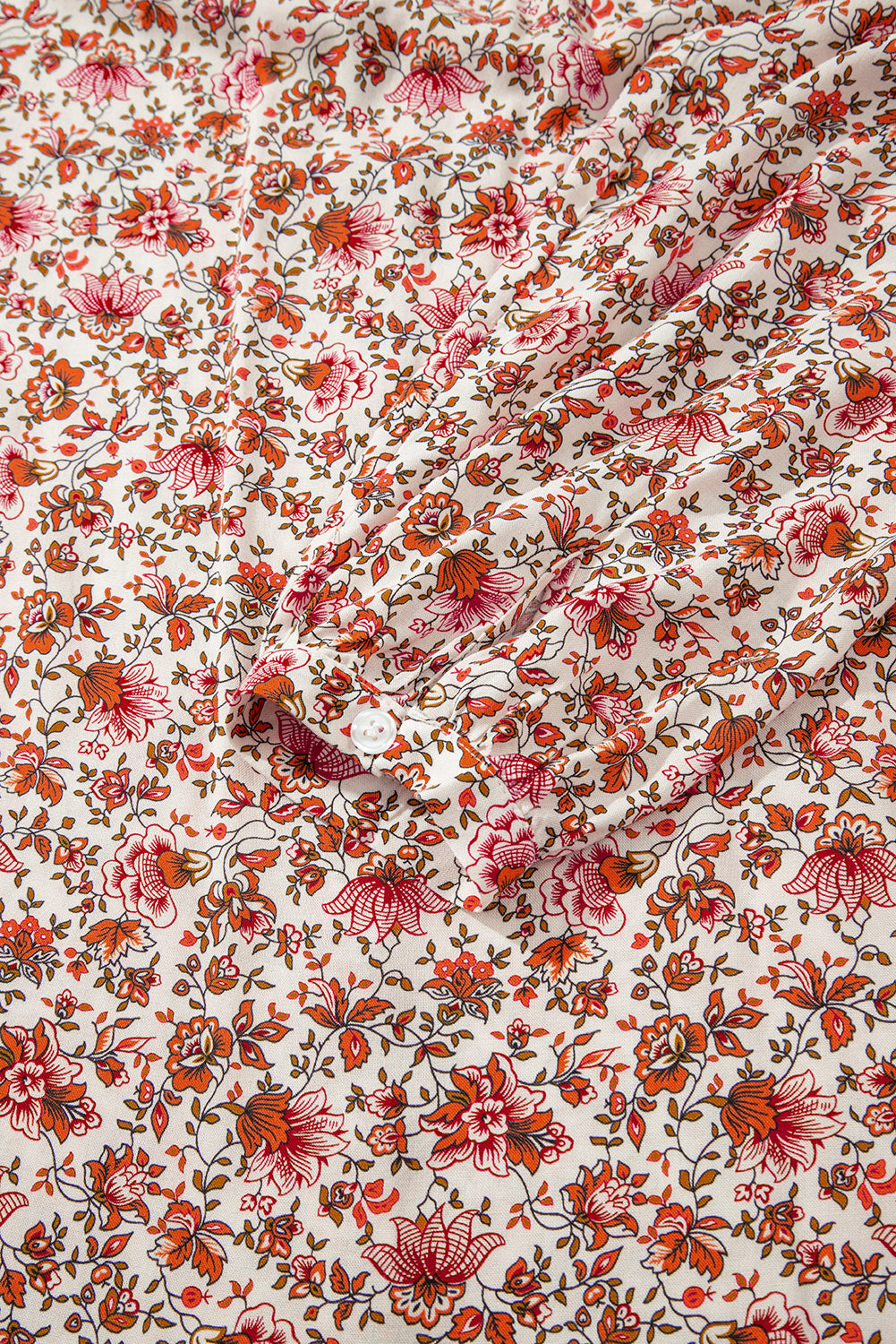 Red Floral Print Pleated Detail Notched Neck Puff Sleeve Blouse - eAura