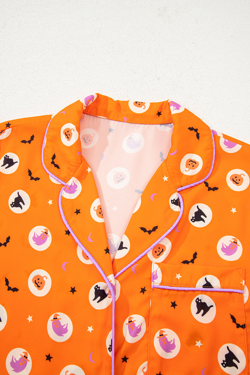 Orange Halloween Print Lapel Shirt Long 2pcs Pyjama Set - eAura