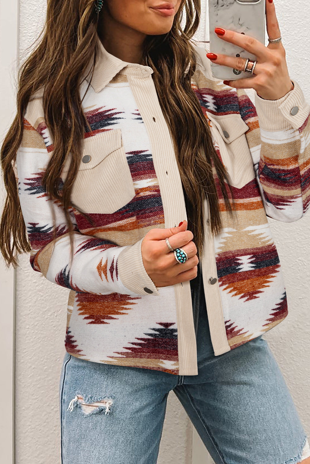 Western Aztec Ribbed Patchwork Double Flap Pocket Raw Hem Shacket eAura