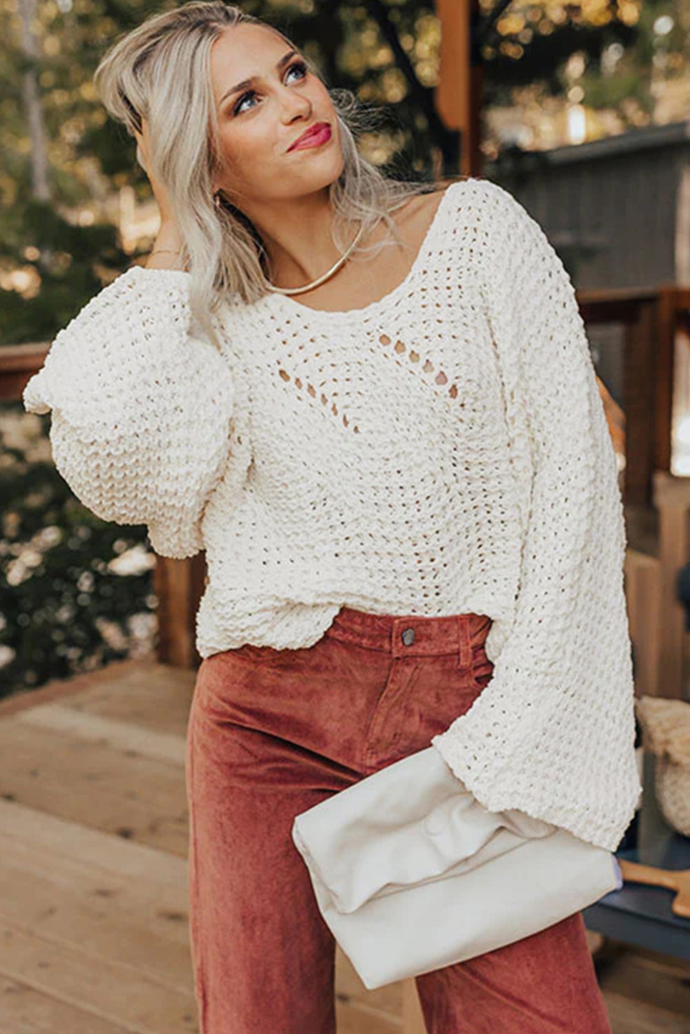 Hollowed Detail Wide Sleeve Baggy Sweater - eAura