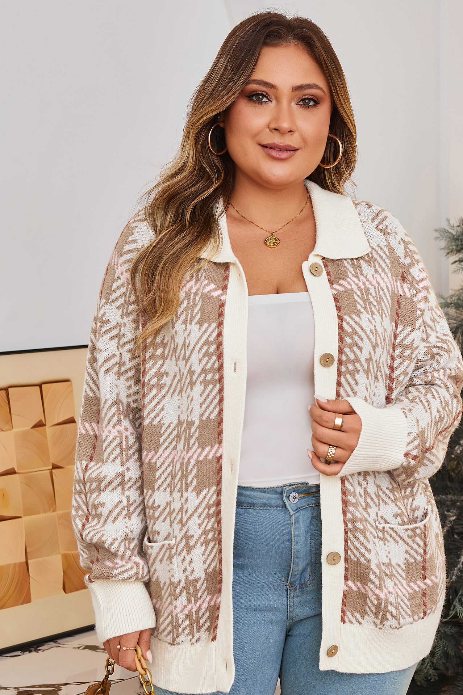 Vintage Pattern Ribbed Trim Button Front Plus Size Cardigan - eAura