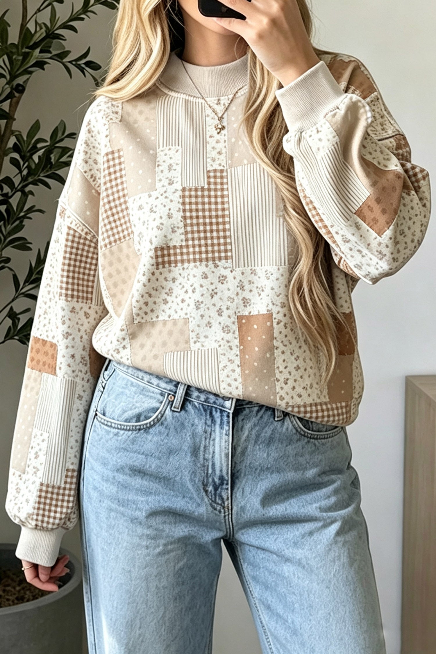 Patchwork Floral Print Mock Neck Long Sleeve Sweatshirt – Sky Blue