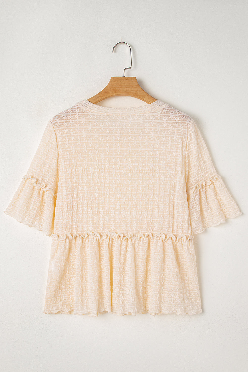 Beige Solid Colour Textured Ruffled Short Sleeve Blouse eAura