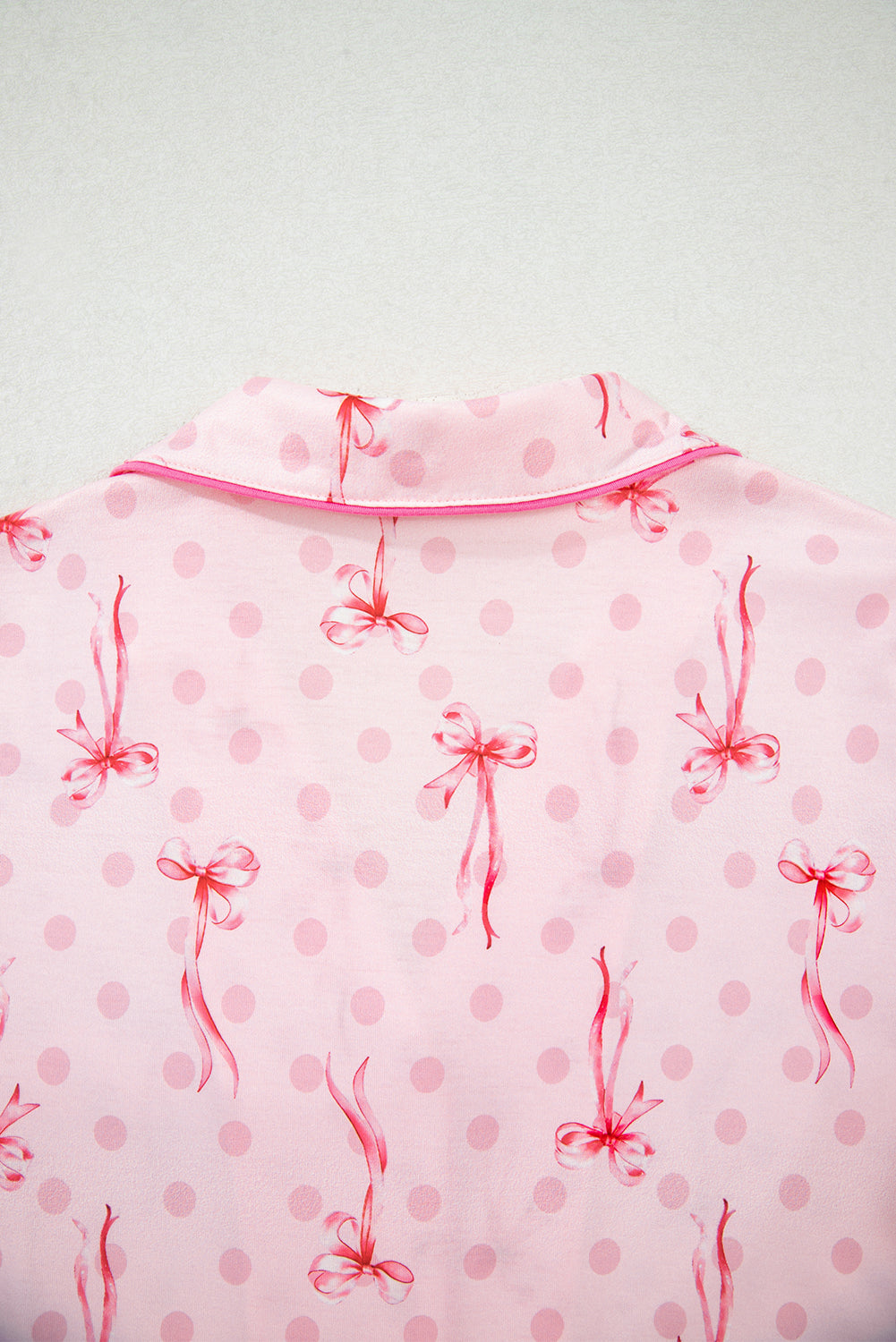 Pink Bow Print Contrast Pipping Short Pyjamas Set eAura