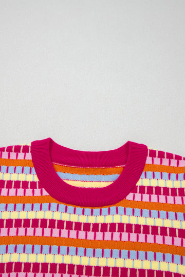 Abstract Striped Knit Short Sleeve Sweater