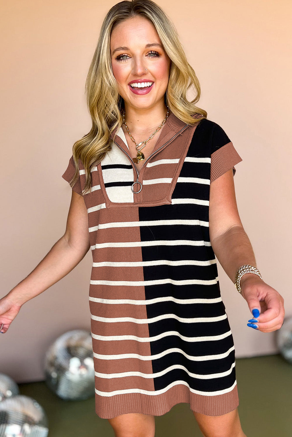 Khaki Stripe Colour Block Quarter Zip Collar Short Sleeve Sweater Dress eAura