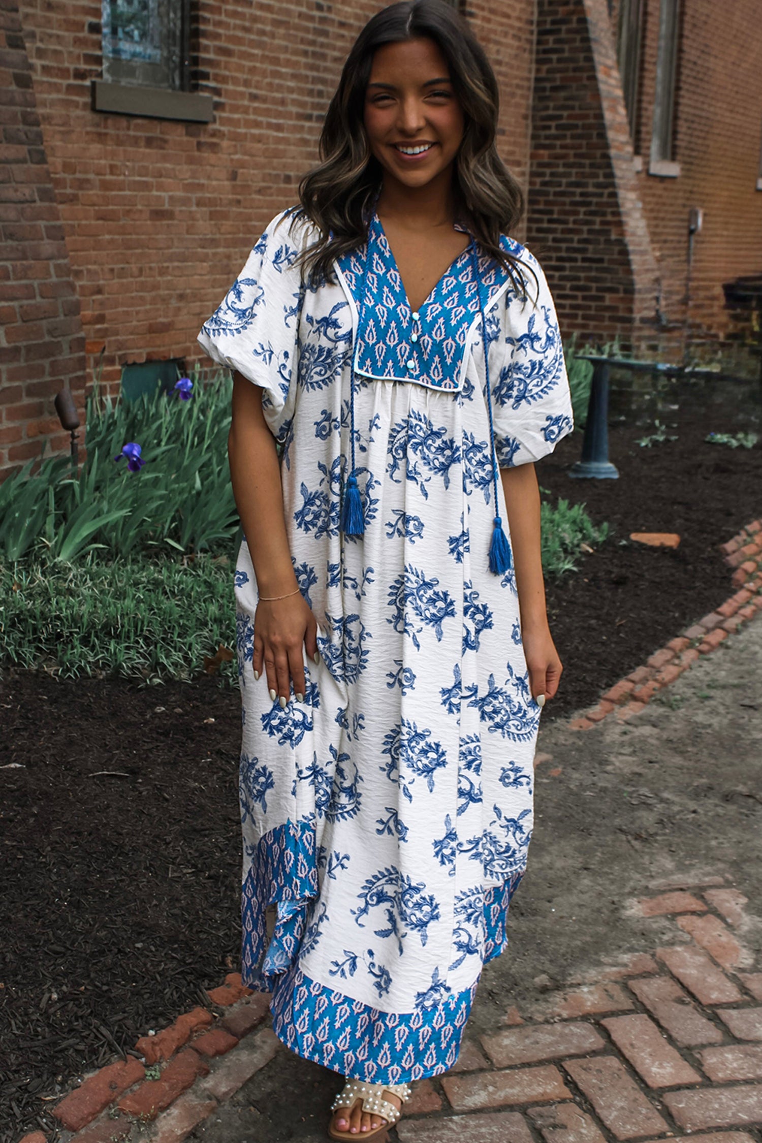 Sky Blue Boho Abstract Print Tassel Tie Maxi Dress