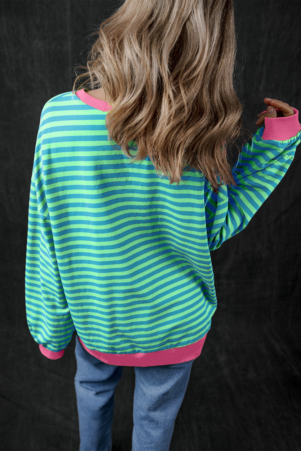 Sky Blue Stripe Oversized Contrast Trim Pullover Sweatshirt BB Fashion Outlet