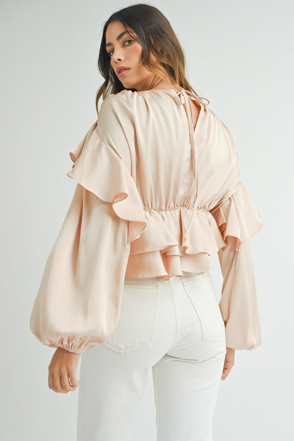 Oatmeal Lace-up Keyhole Back Ruffled Peplum Blouse BB Fashion Outlet