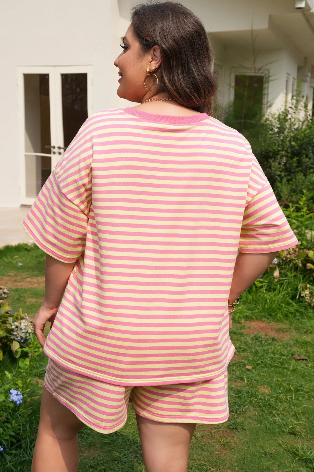 Stripe Boxy Tee Drawstring Elastic Waist Plus Size Short Co-ord Set