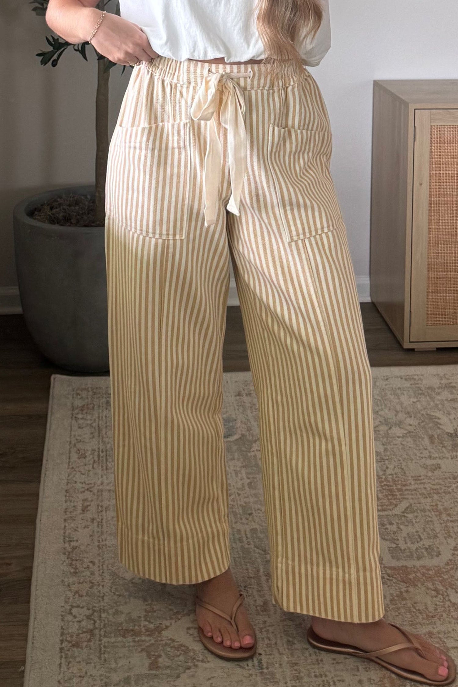 Ribbon Drawstring Waist Full-Length Shift Pant – Apricot Stripe
