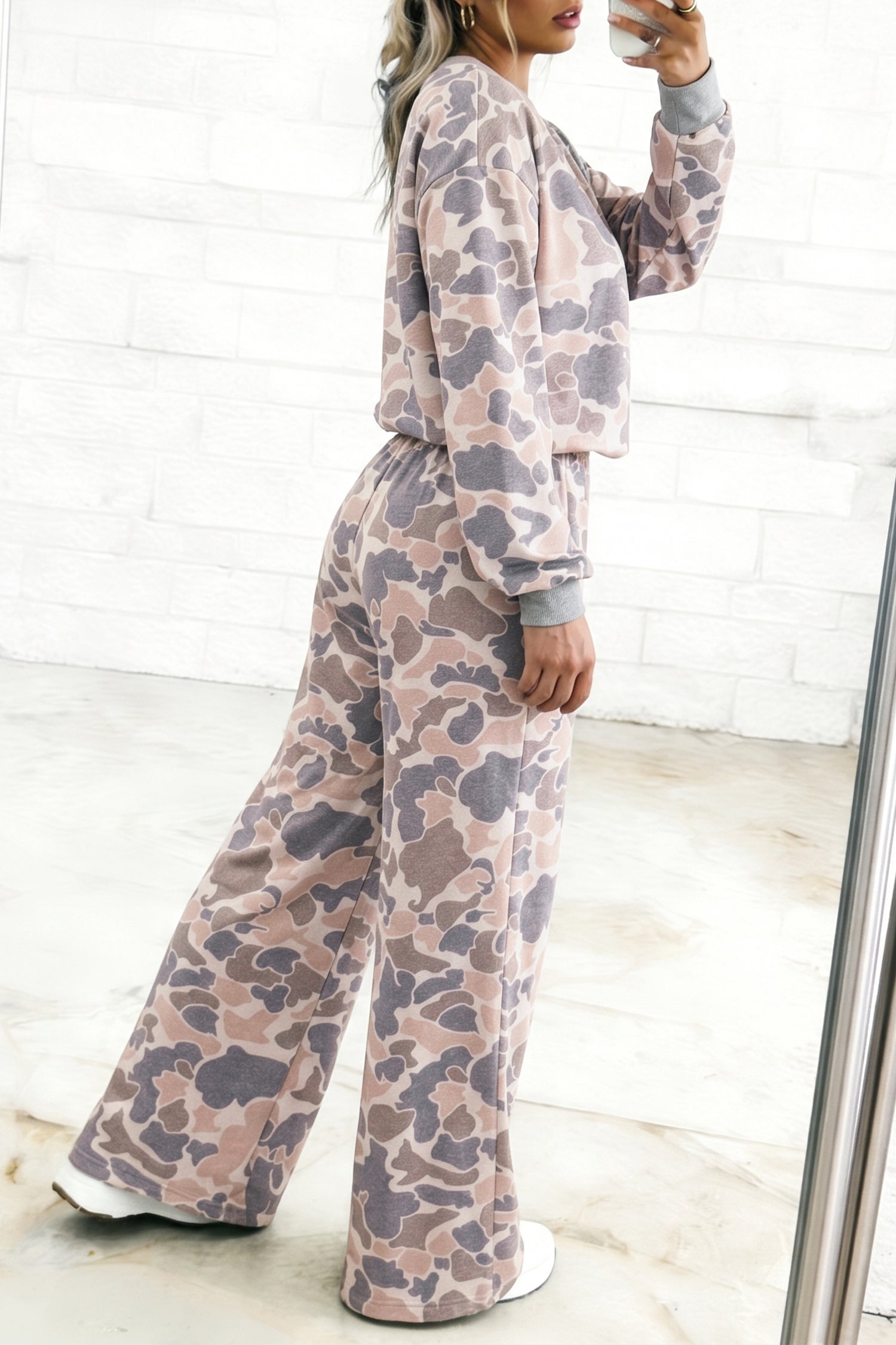 Camouflage Print Long Sleeve Top Loose 2pcs Pants Set – Multicolour