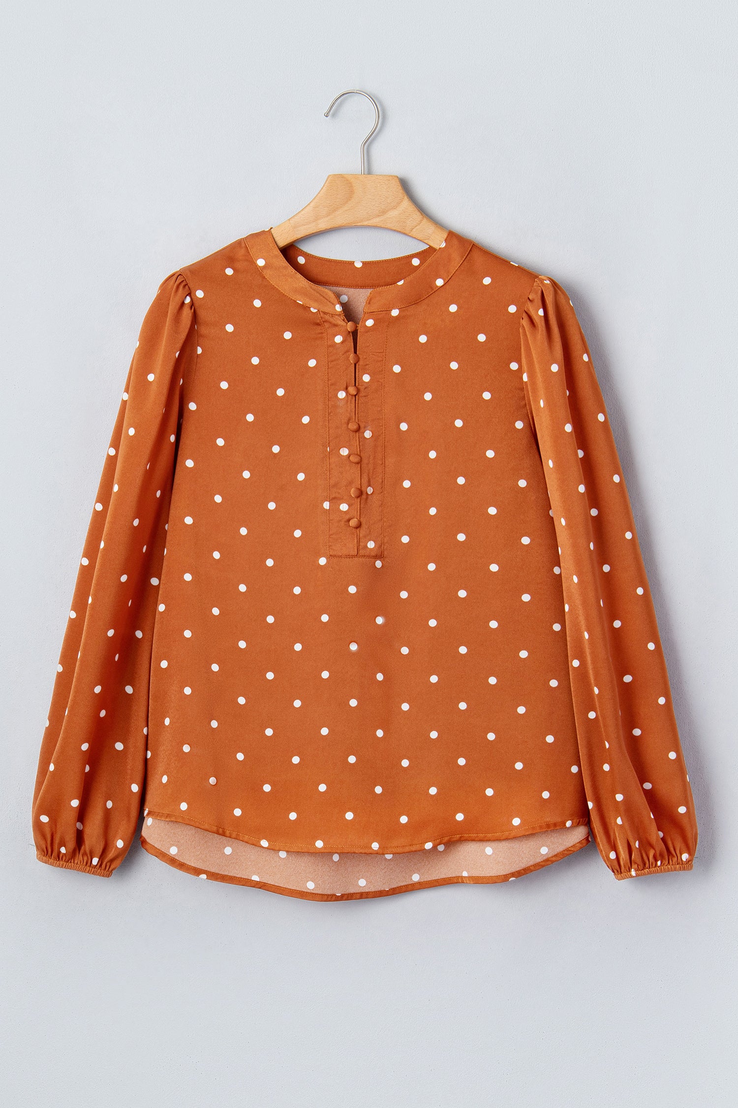 Polka Dot Half Button V Neck Long Sleeve Blouse – Brown