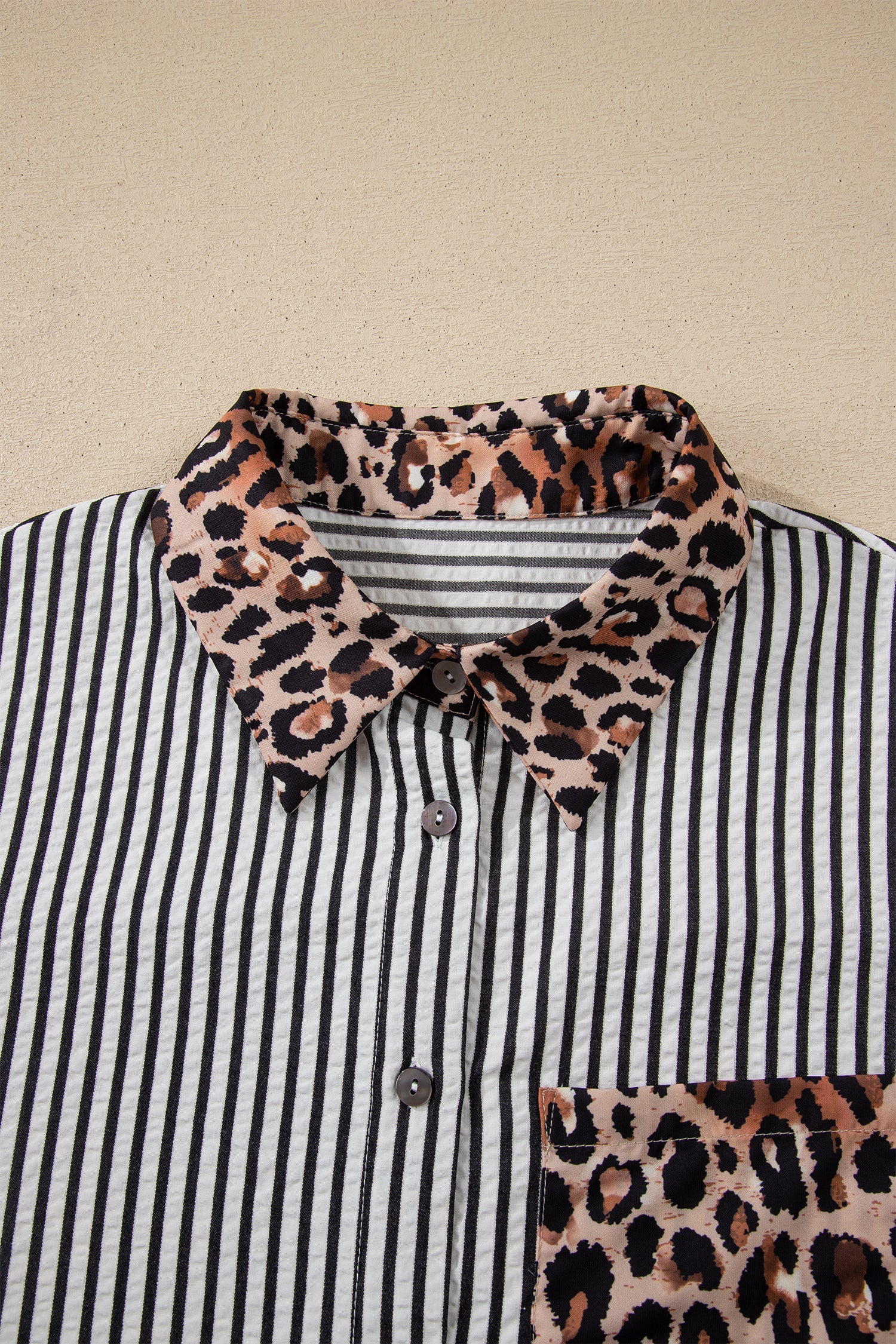 Striped Leopard Print Patchwork Button Up Shirt - eAura