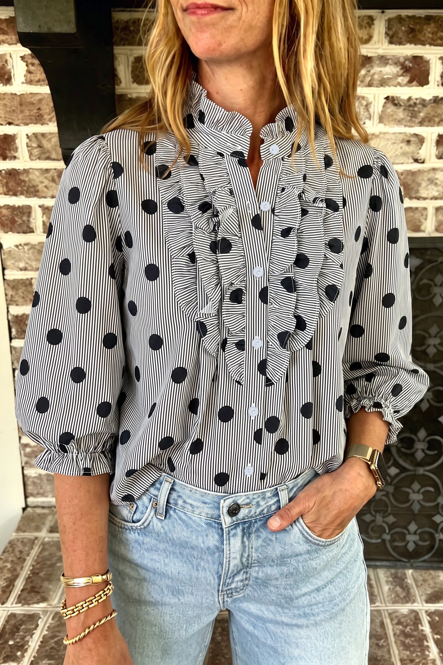 Polka Dot Striped Print Ruffle Stand Neck 3/4 Sleeve Shift Shirt – Black White