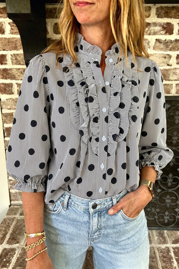 Polka Dot Striped Print Ruffle Stand Neck 3/4 Sleeve Shift Shirt – Black White