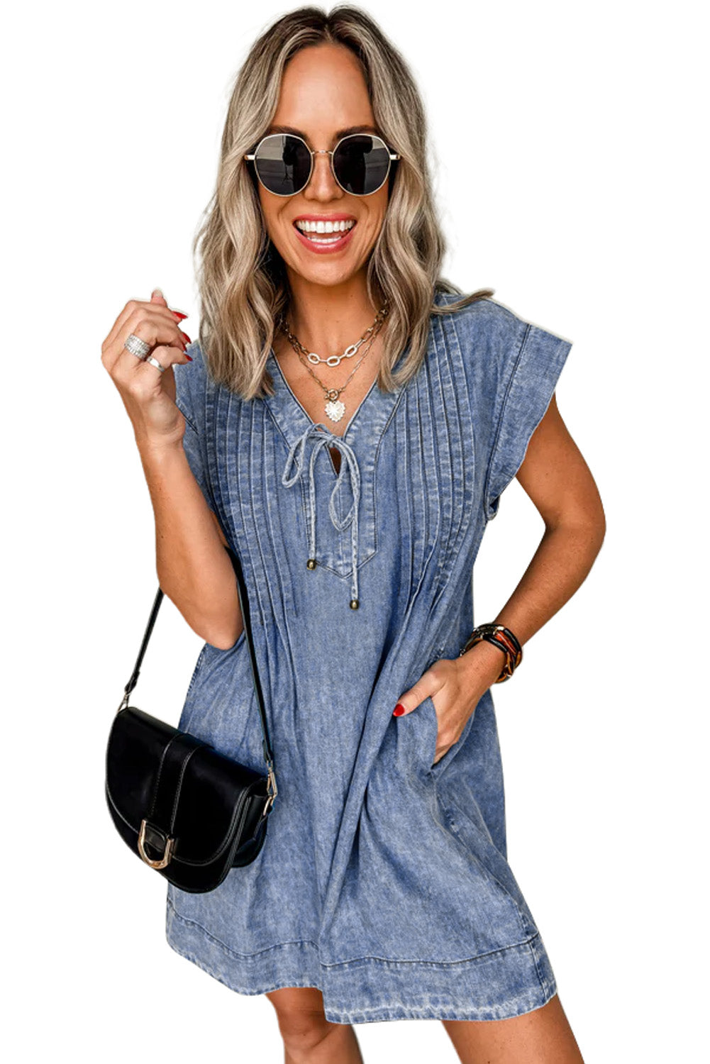 Beau Blue Tie V-Neck Tucking Detail Short Sleeve Denim Shift Dress - eAura