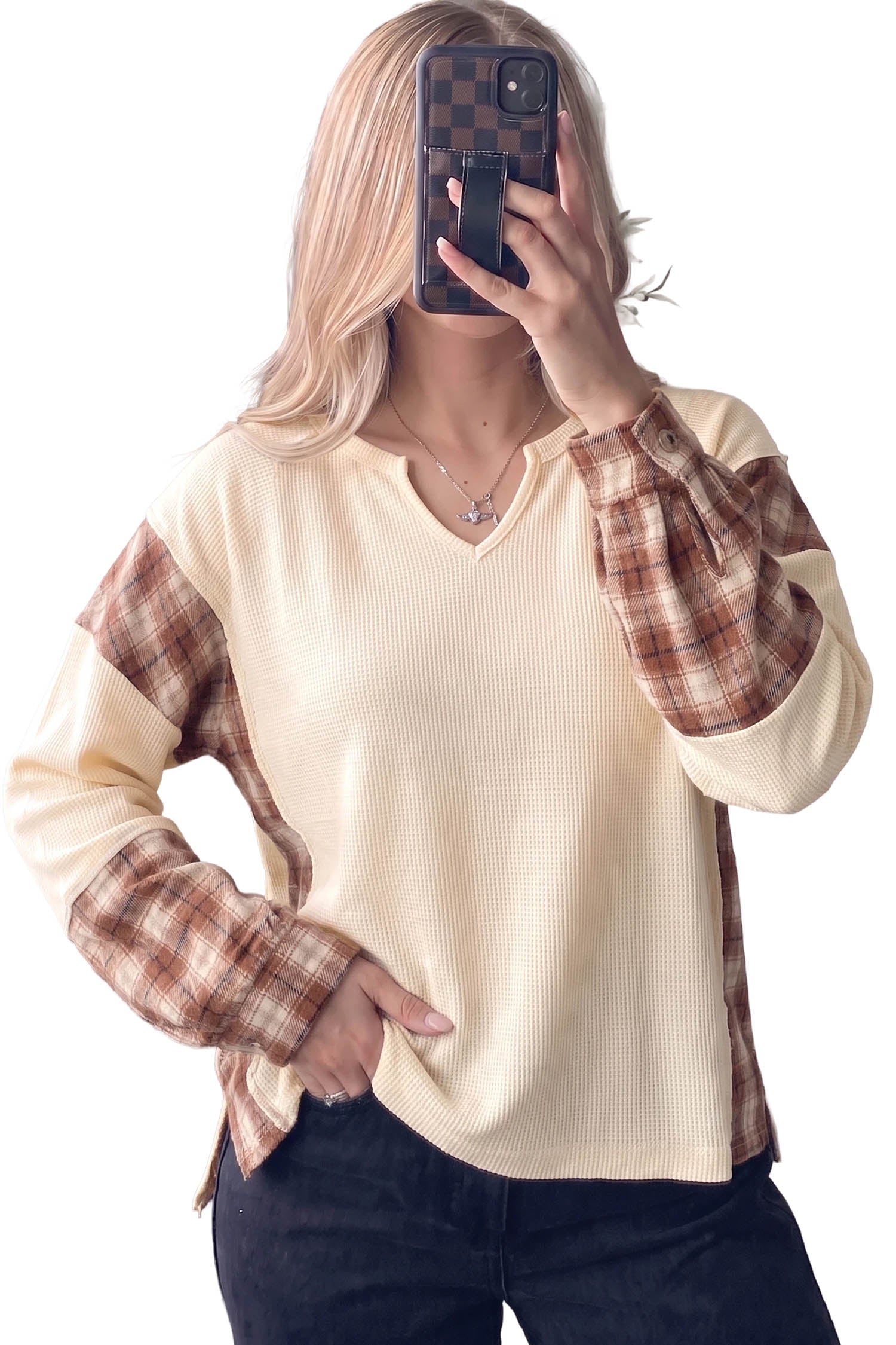 Waffle Textured V Neck Plaid Colorblock Drop Shoulder Long Sleeve Top – Beige