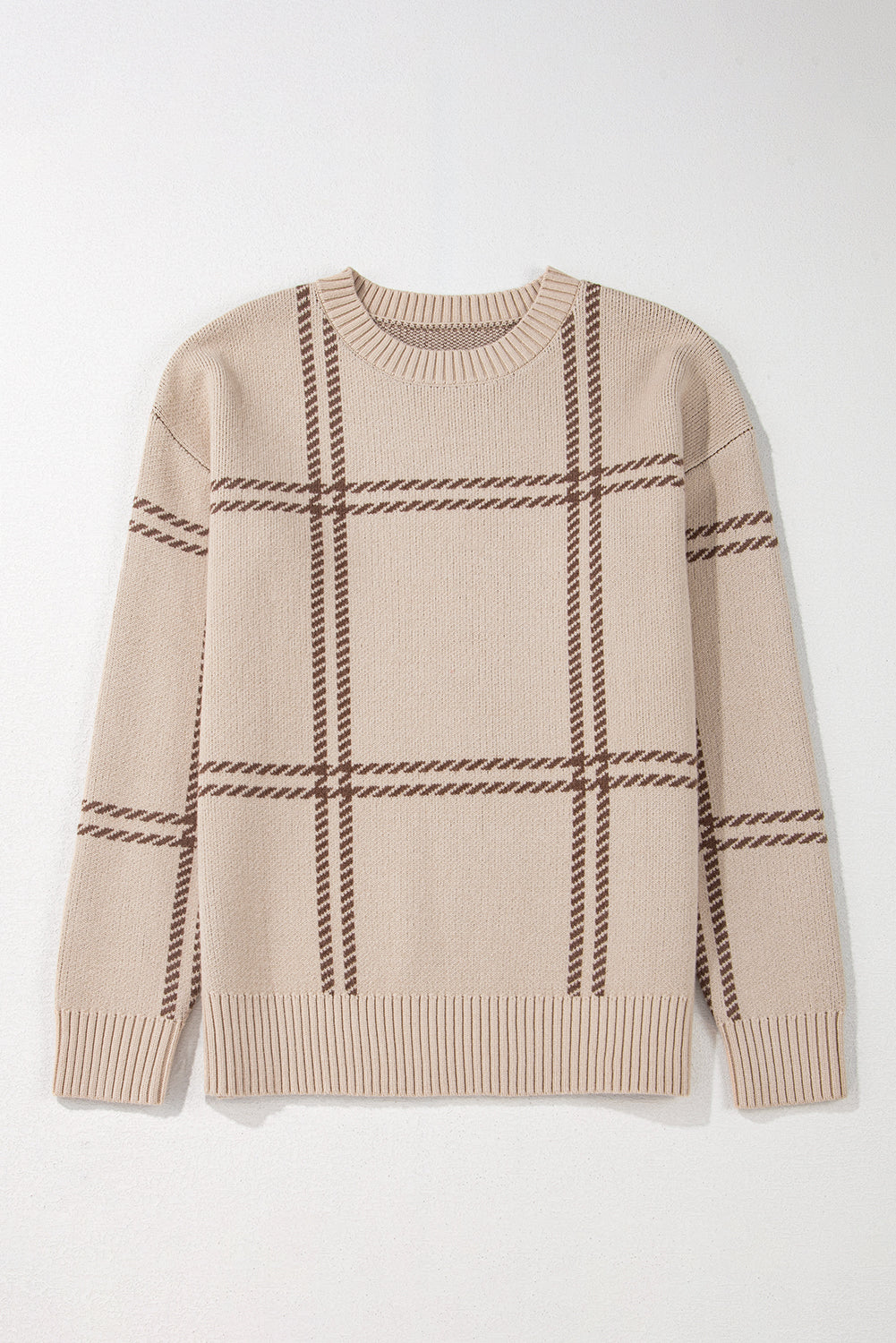 Khaki Plaid Pattern Knitted Drop Shoulder Sweater Beagle Boutique Fashion Outlet