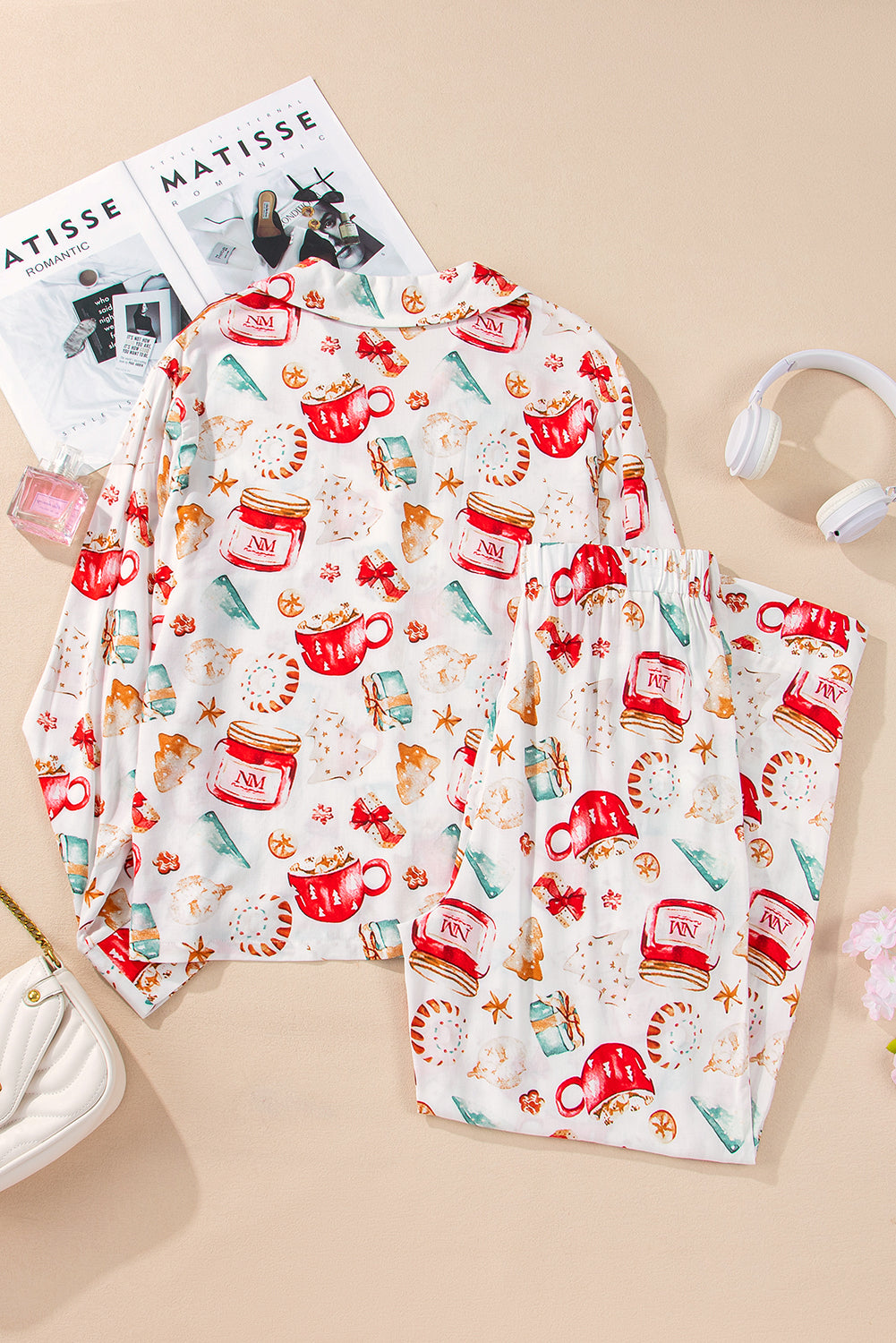 White Christmas Pattern Long Sleeve Shirt Pyjama Set eAura