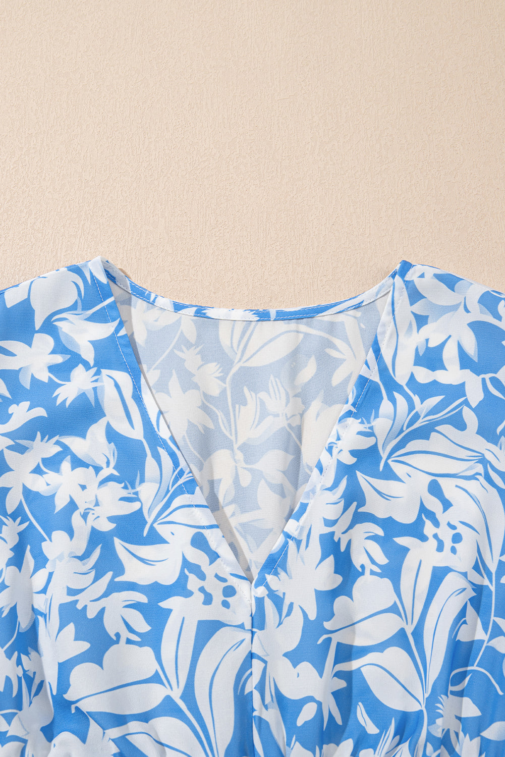Sky Blue Floral V Neck Puff Short Sleeve Flowy Long Dress eAura