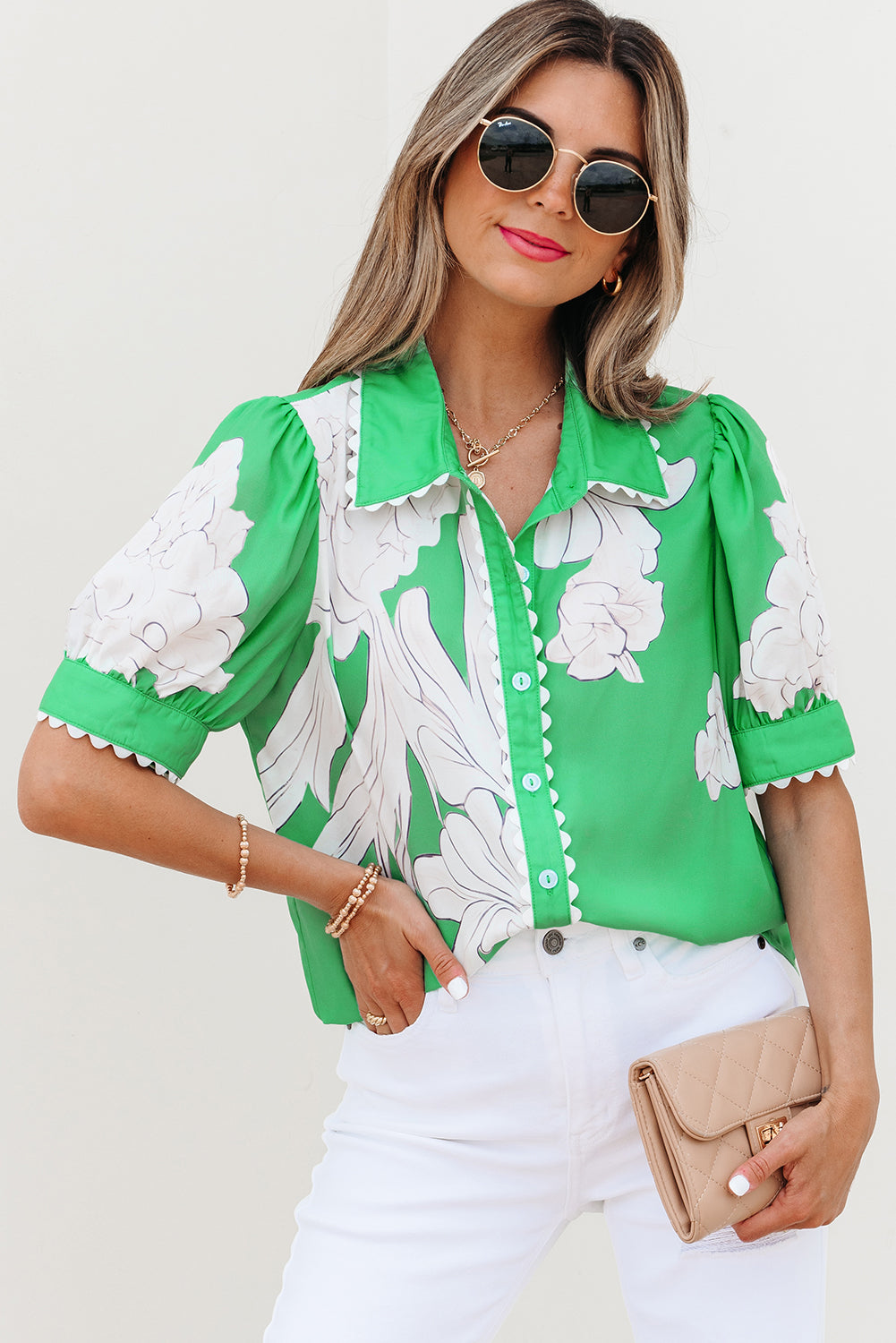 Green Floral Ric Rac Edge Puff Short Sleeve Shirt eAura