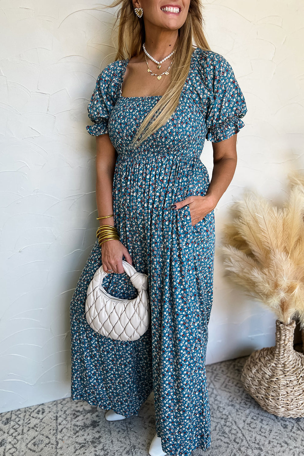 Blue Vintage Boho Floral Smocked Short Puff Sleeve Wide Leg Jumpsuit eAura