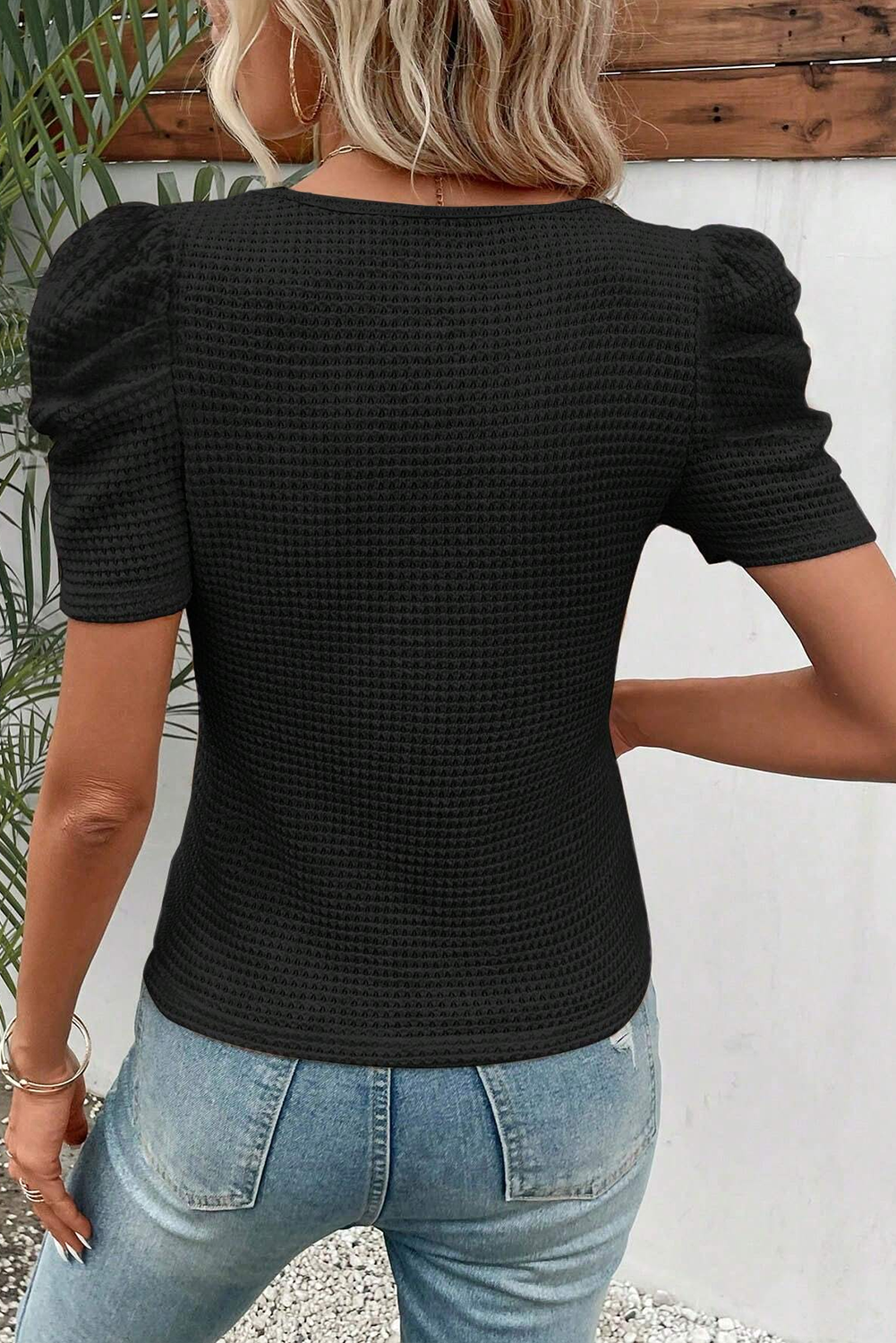 Bright Pink Waffle Knit Ruched Puff Sleeve Top BB Fashion Outlet