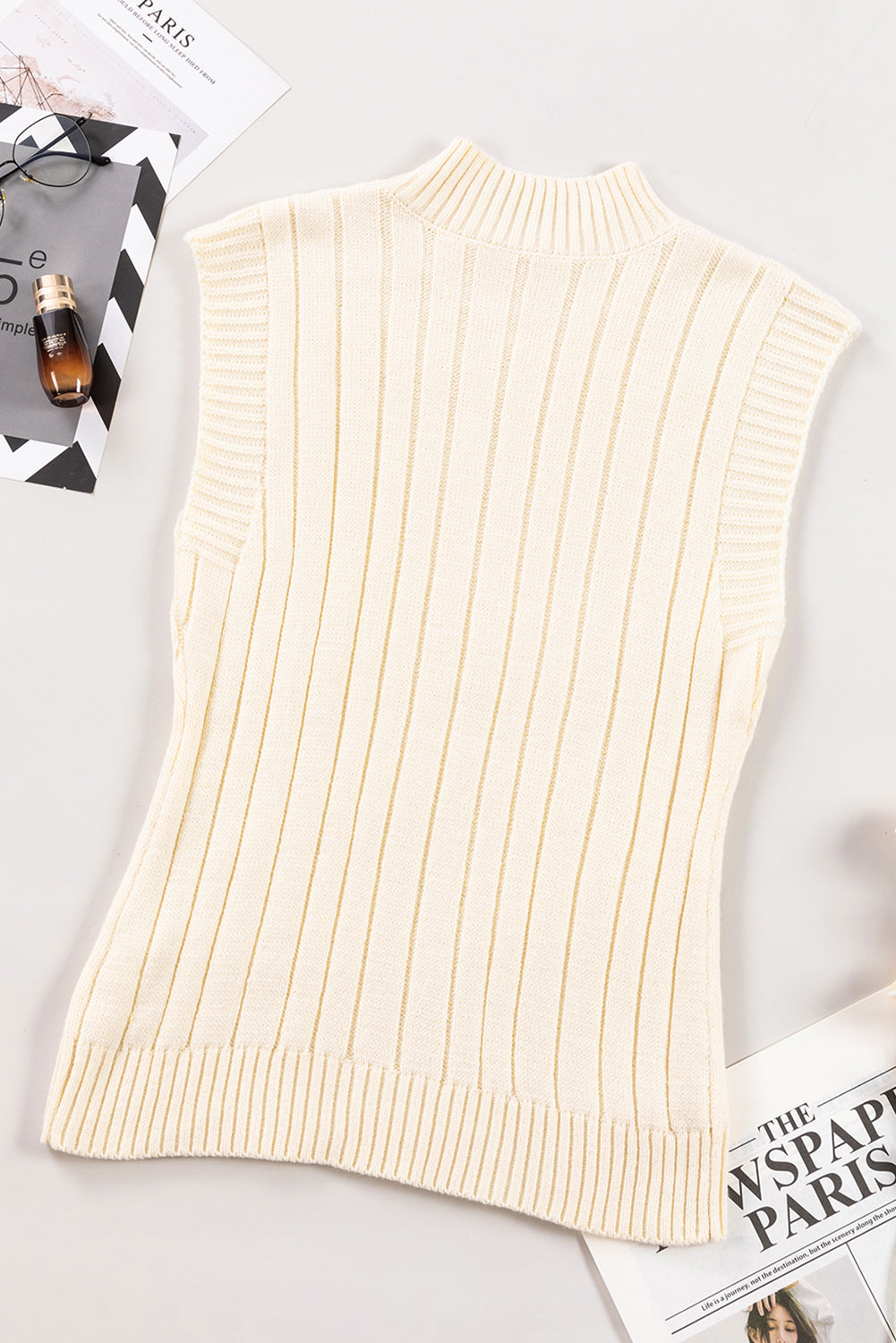 Oatmeal Cable Knit High Neck Sweater Vest eAura