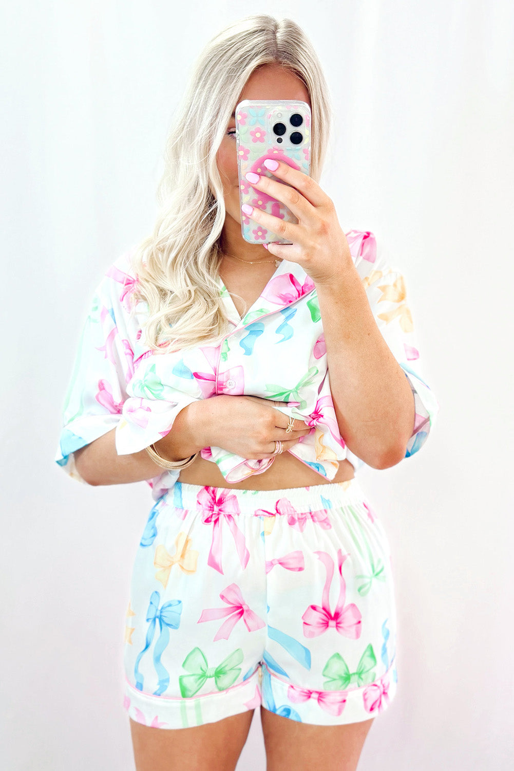 White Bowknot Print Buttoned Shirt High Waist Shorts Pyjama Set eAura
