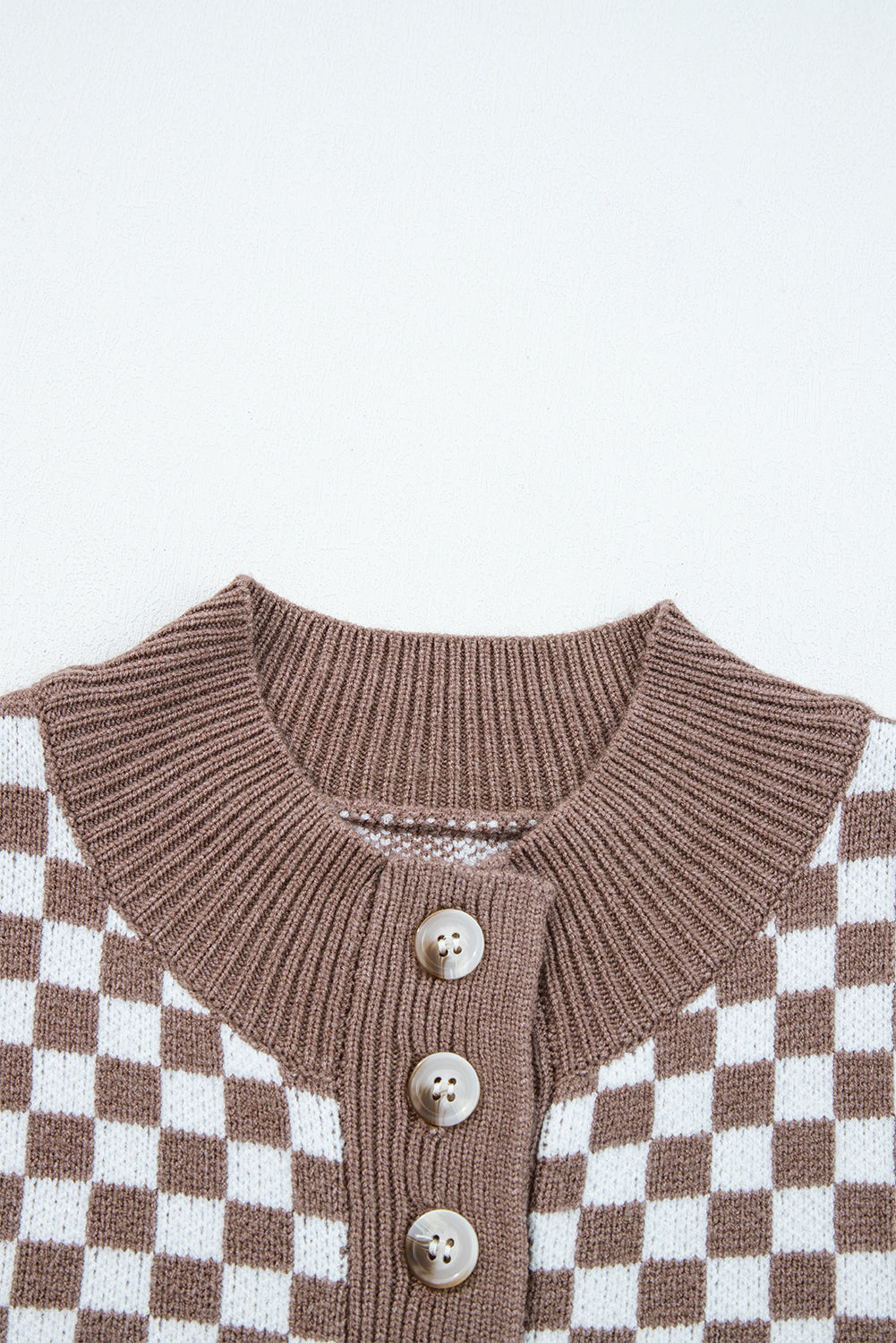 Dark Brown Half Button Ribbed Trim Checkerboard Knit Sweater eAura
