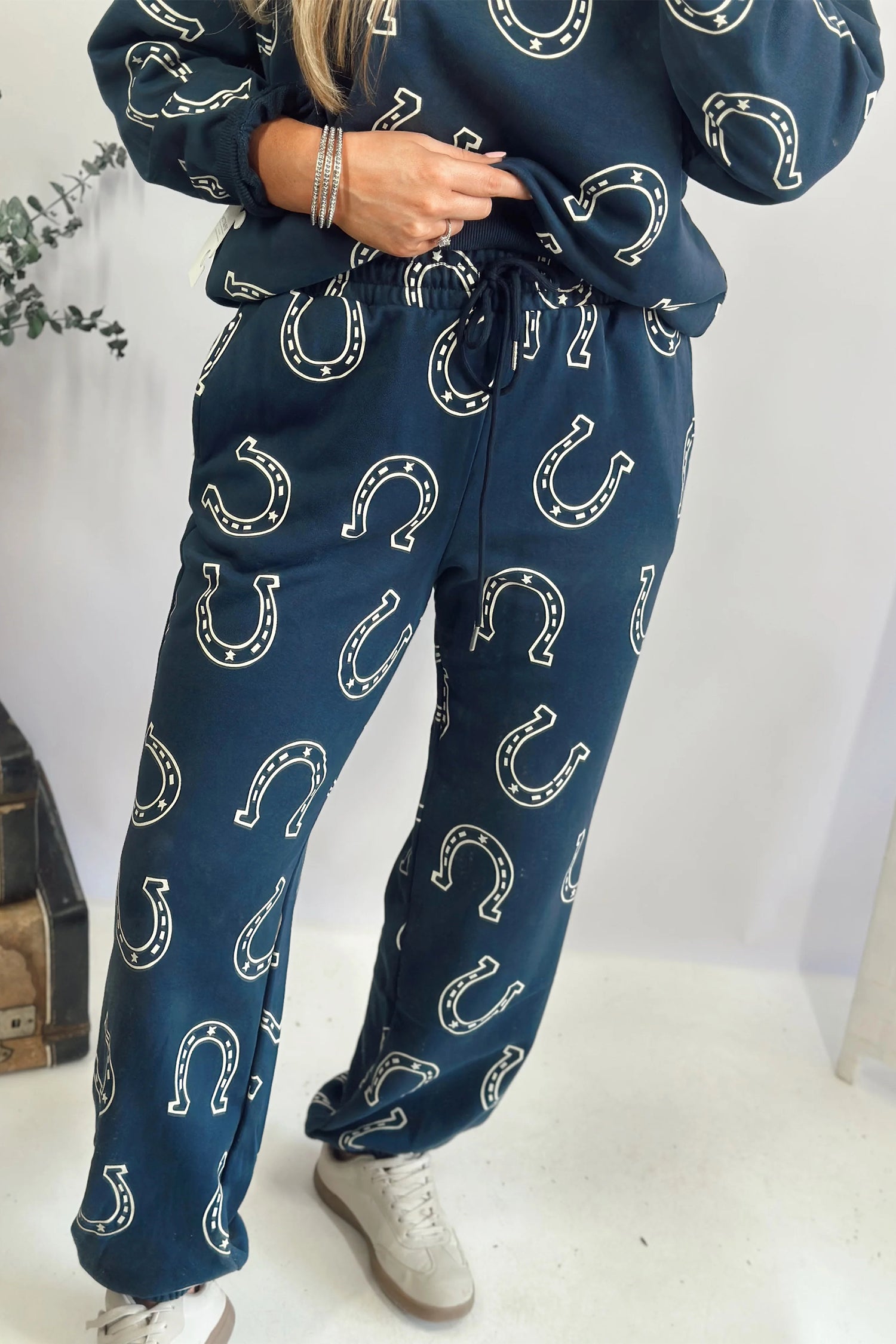 Western Print Elastic Waist Pocket 2pcs Pant Set – Blue