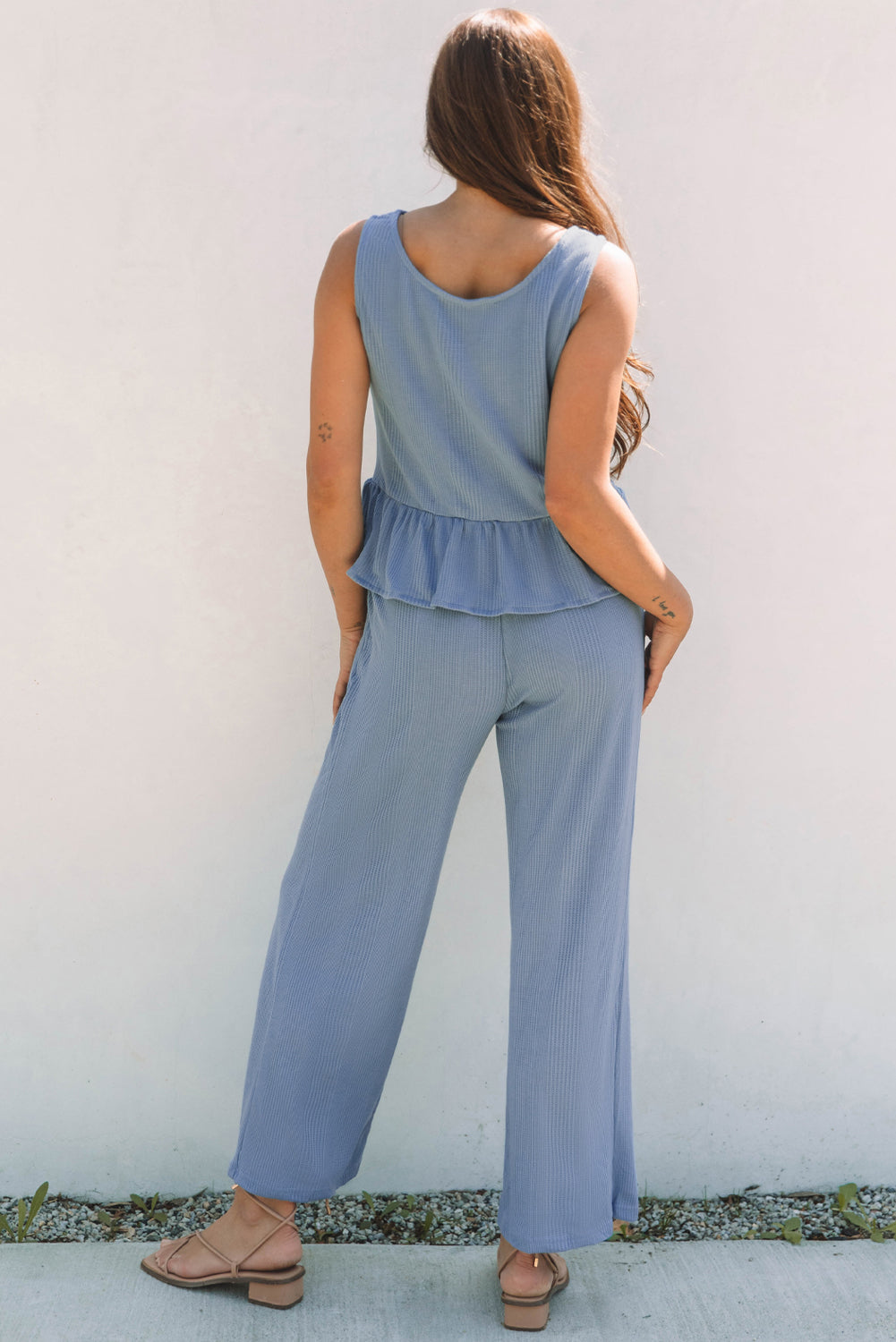Beau Blue Ribbed Ruffle Tank Top and Trousers Set eAura