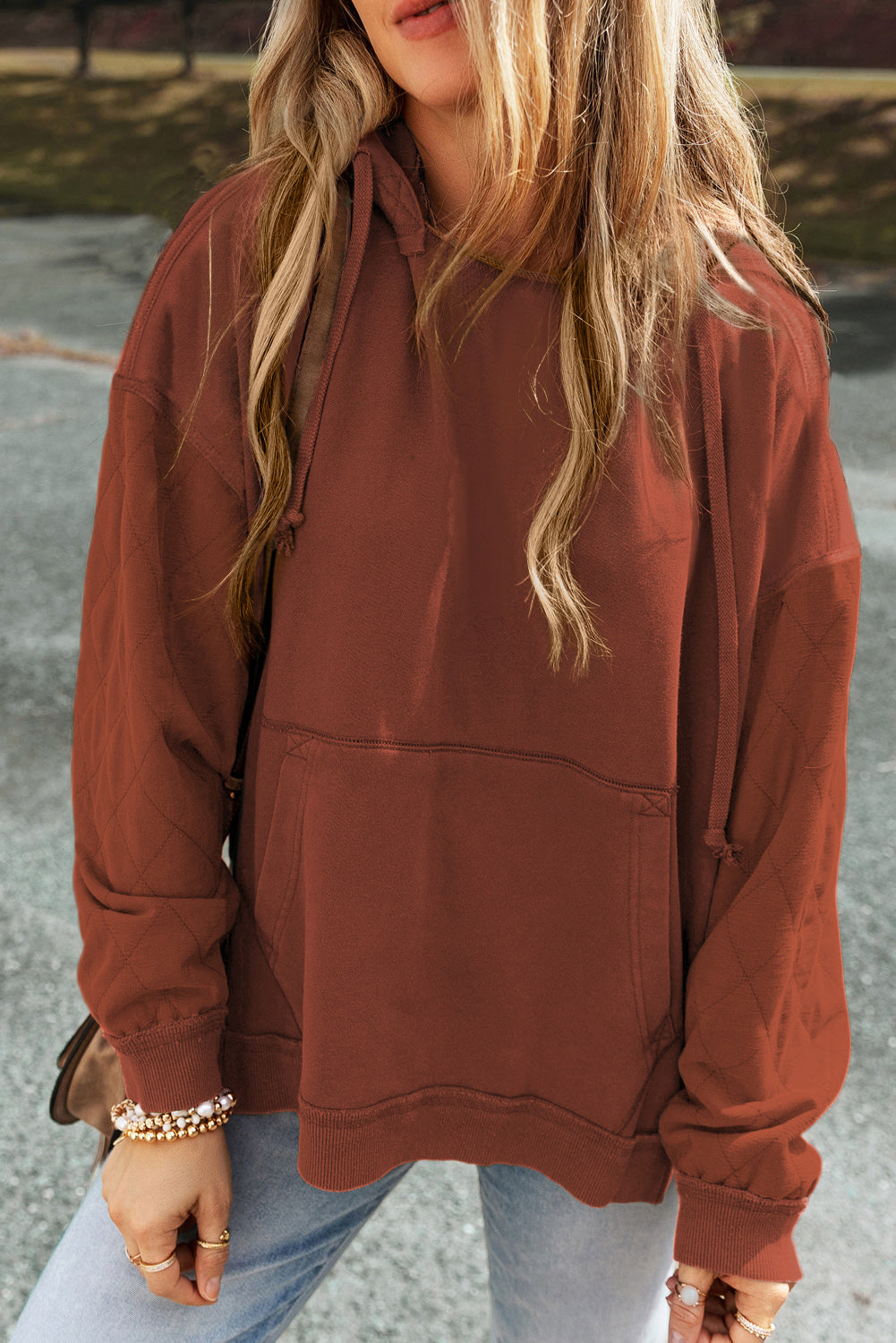 Chestnut Quilted Patchwork Exposed Seam Hoodie eAura