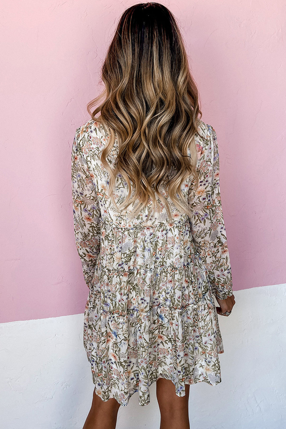Green Floral Print Tiered Frilled Shirred Mock Neck Mini Dress Beagle Boutique Fashion Outlet