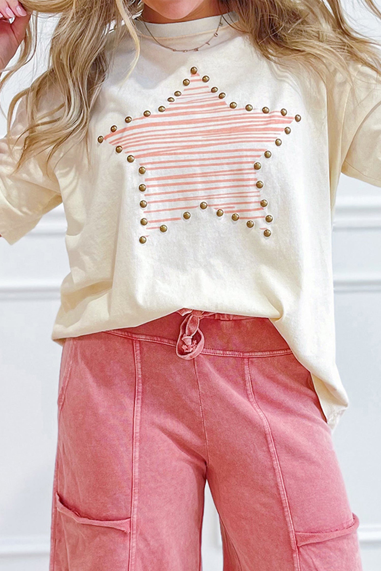 Star Print Stud Detail Cotton Jersey Top – Beige