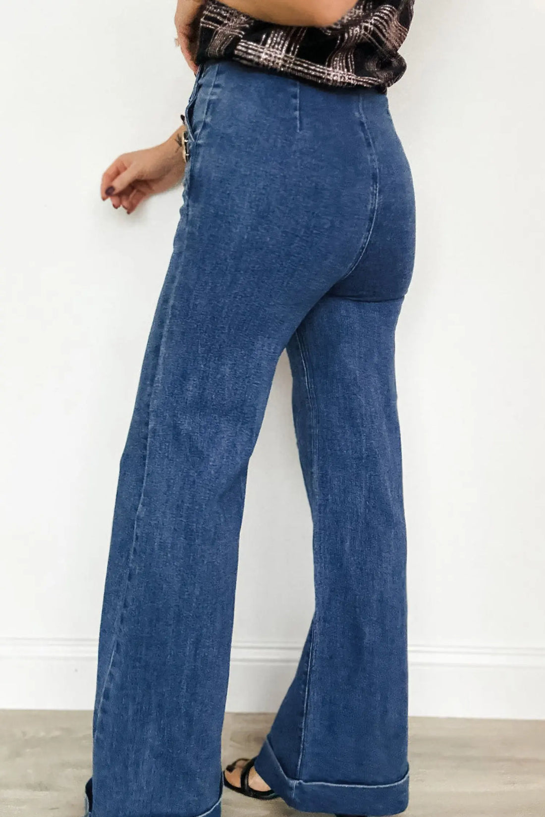 Golden Button Detail Rolled Edge Flare Leg Jeans