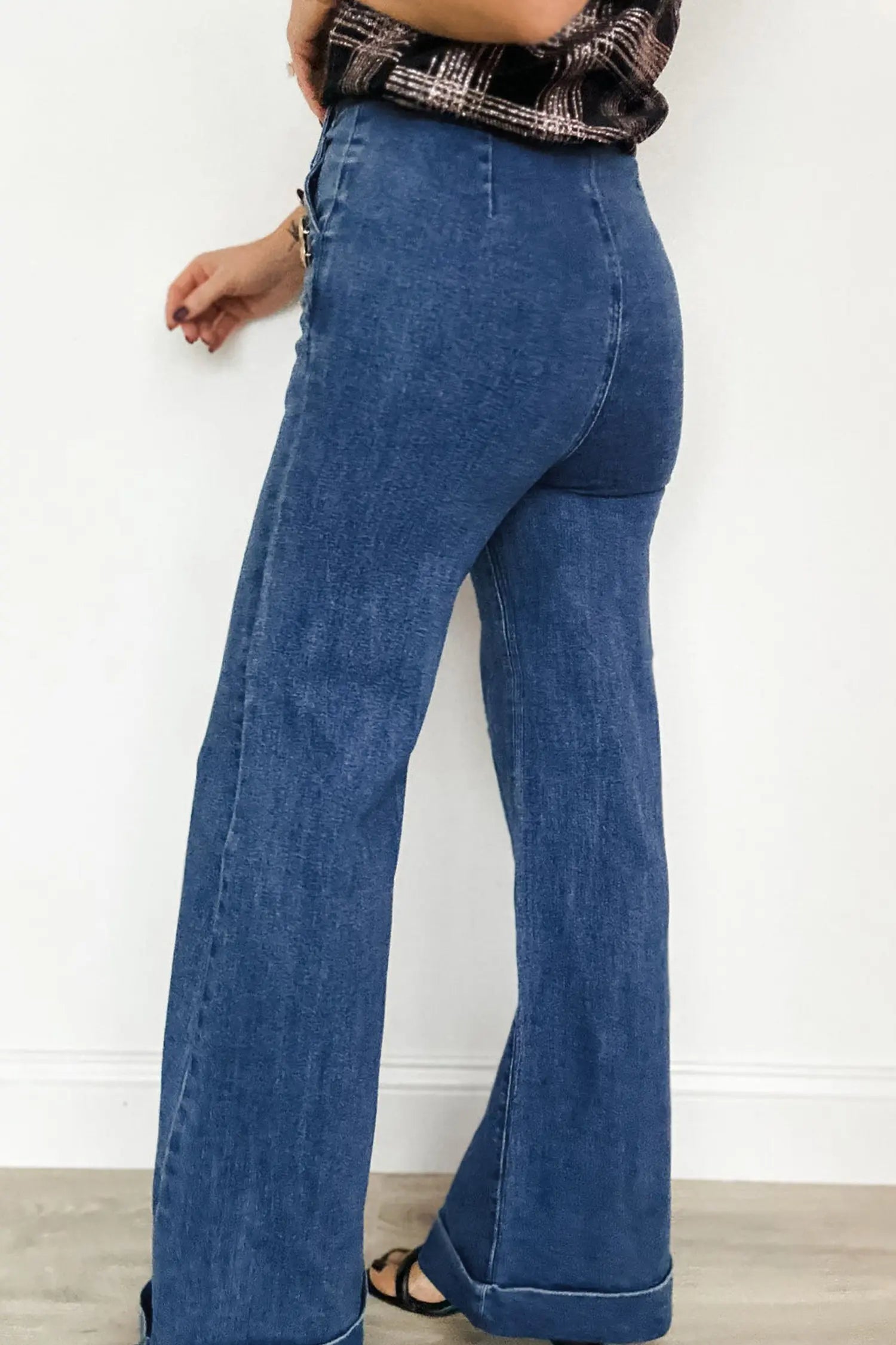 Ashleigh Blue Golden Button Detail Rolled Edge Flare Leg Jeans