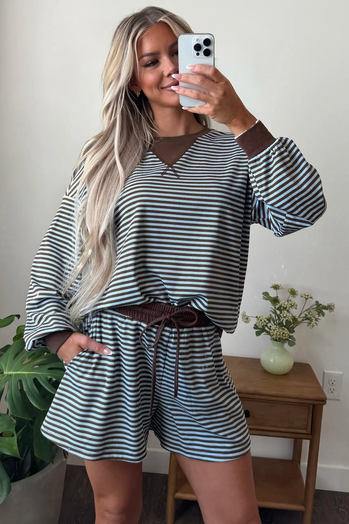 Oversized Long Sleeve Top Drawstring Loose Shorts 2pcs Set – Brown Stripe