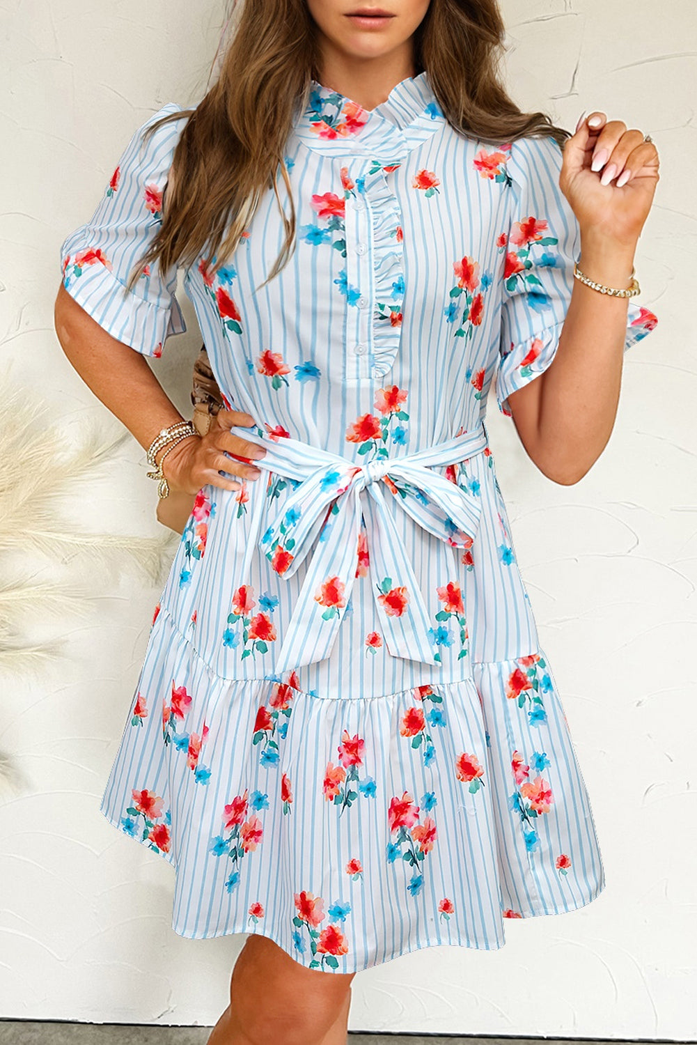 Sky Blue Stripe Floral Pattern Ruffle Short Sleeve Belted Mini Dress eAura