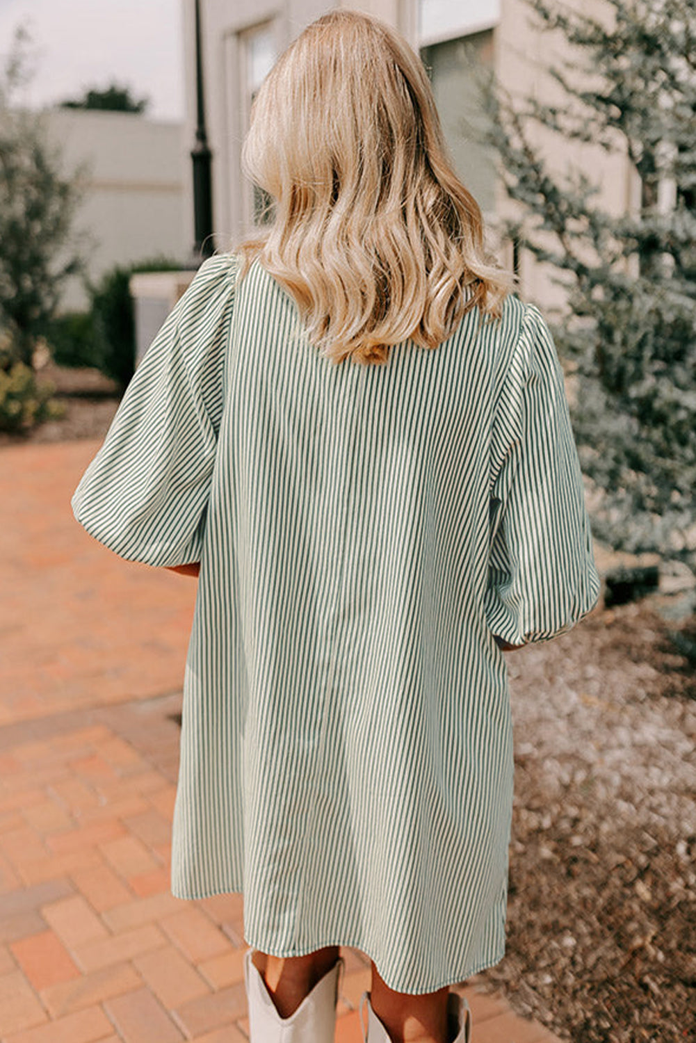 Green Patch Pockets Button Down Short Puff Sleeve Dress eAura