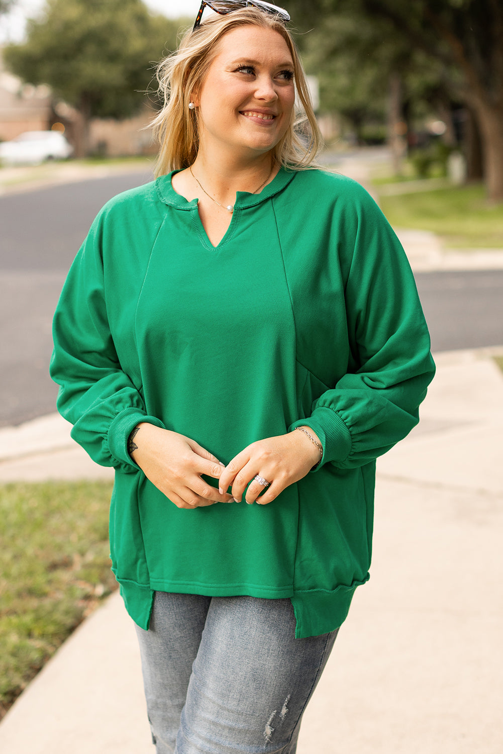 Bright Green Exposed Seam Notched Neck Drop Shoulder Plus Sweatshirt BB Fashion Outlet