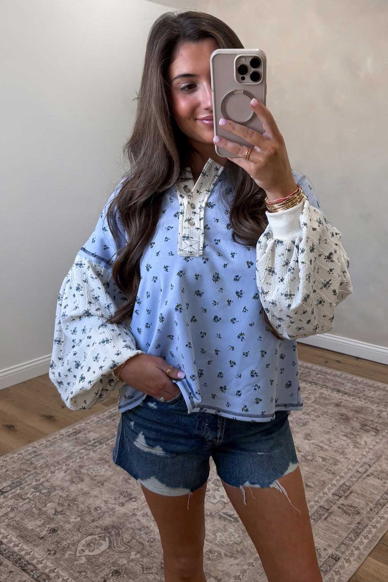 Sky Blue Floral Print Contrast Long Sleeve Tops – Light Blue