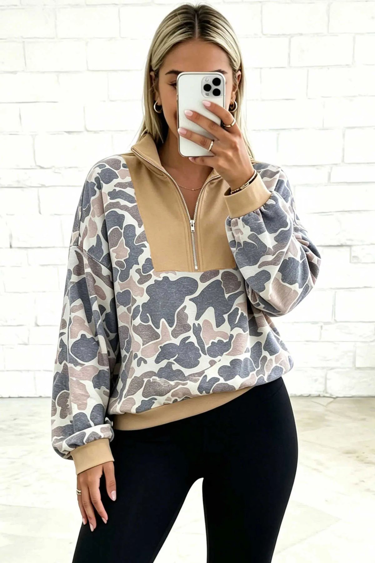 Multicolour Camouflage Print Color Block Trim Zipper Stand Neck Pullover Sweatshirt