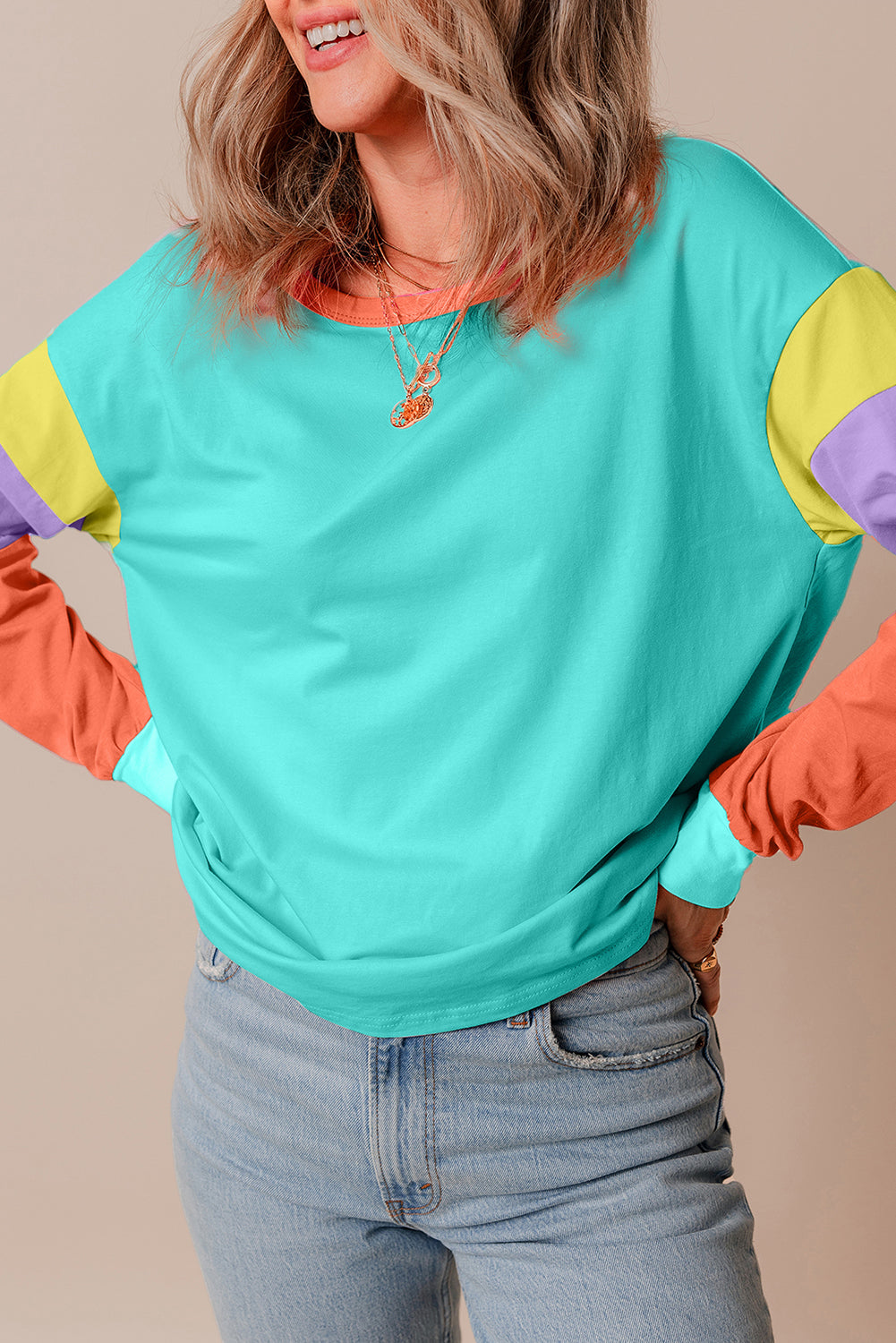 Dark Blue Colourblock Patchwork Long Sleeve Loose Top eAura