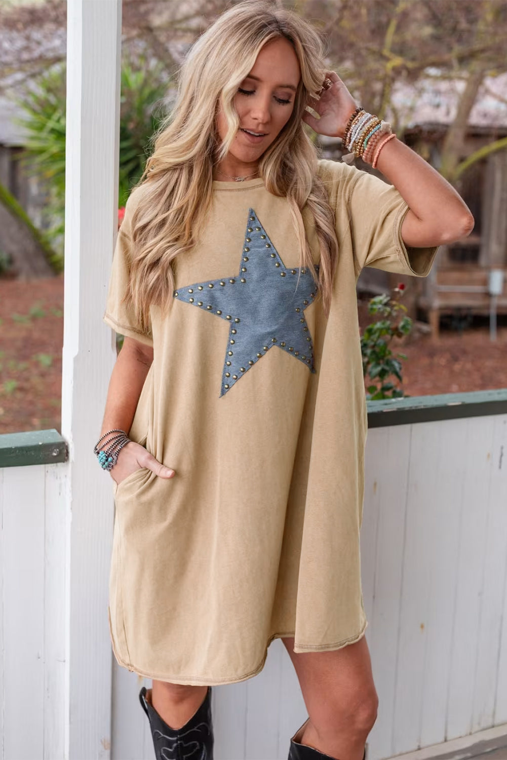 Pale Khaki Mineral Wash Stud Beaded Star Graphic Pocketed T Shirt Dress eAura