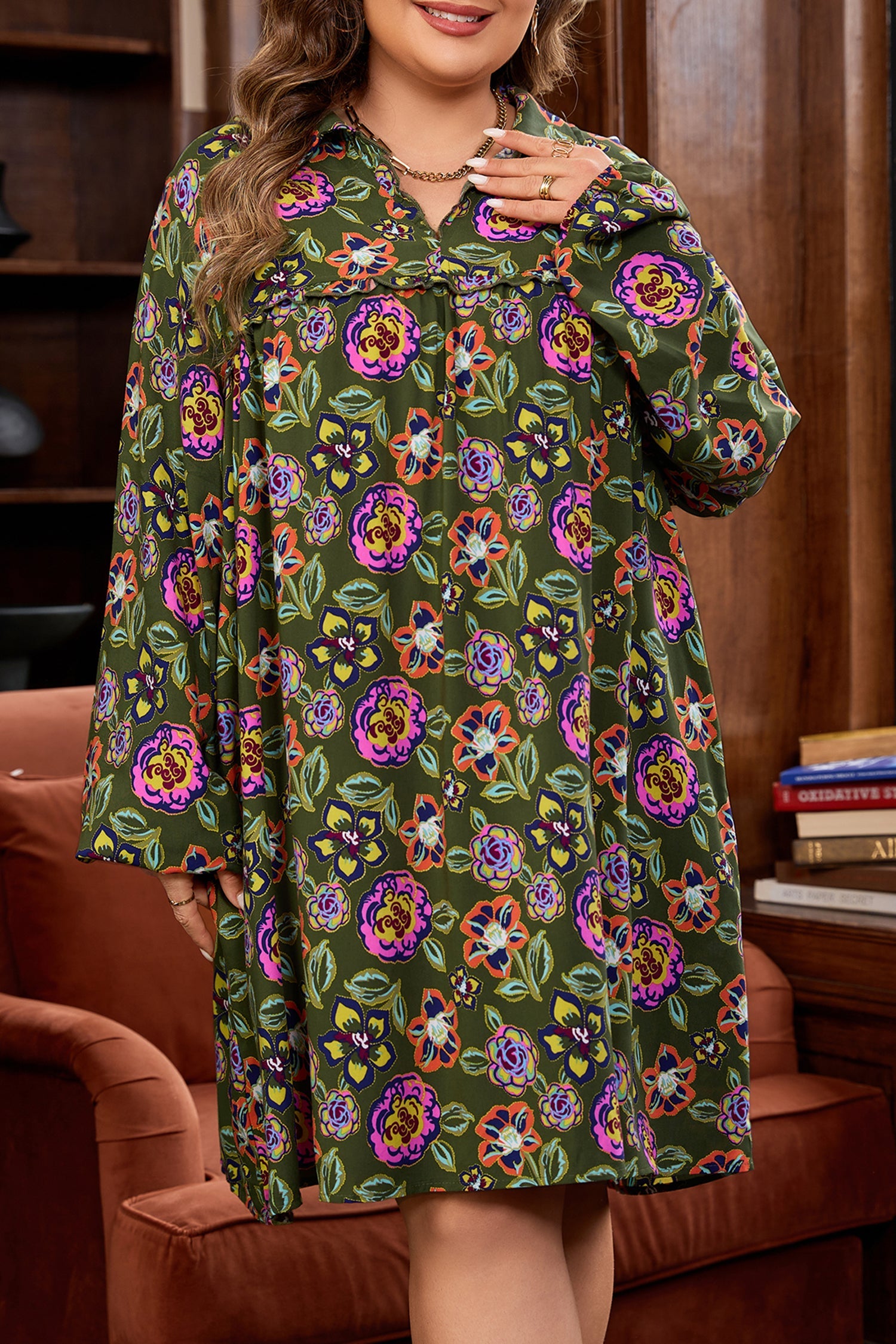 Plus Size Floral Print Collared V-Neck Loose Mini Dress - eAura