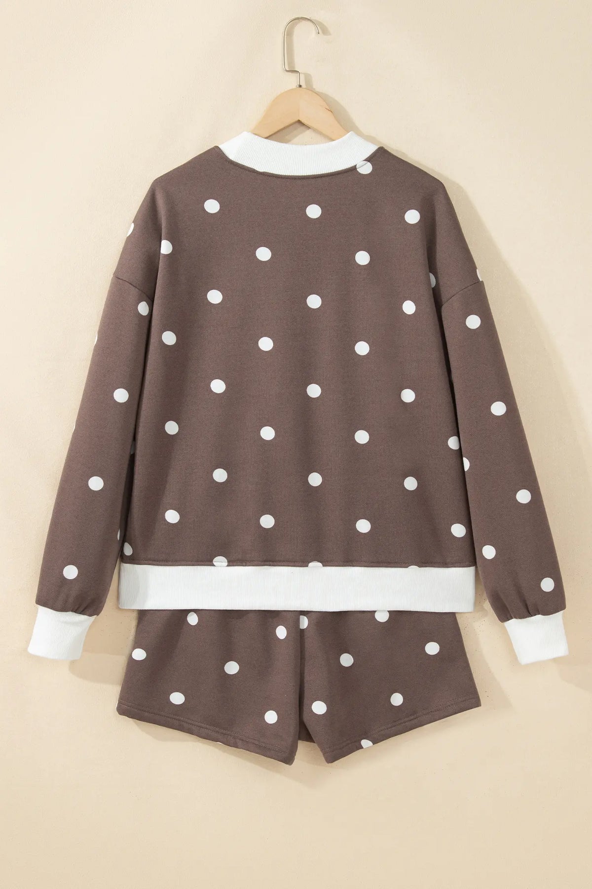 Polka Dot Ribbed Trim Long Sleeve Top Casual Short Set – Brown