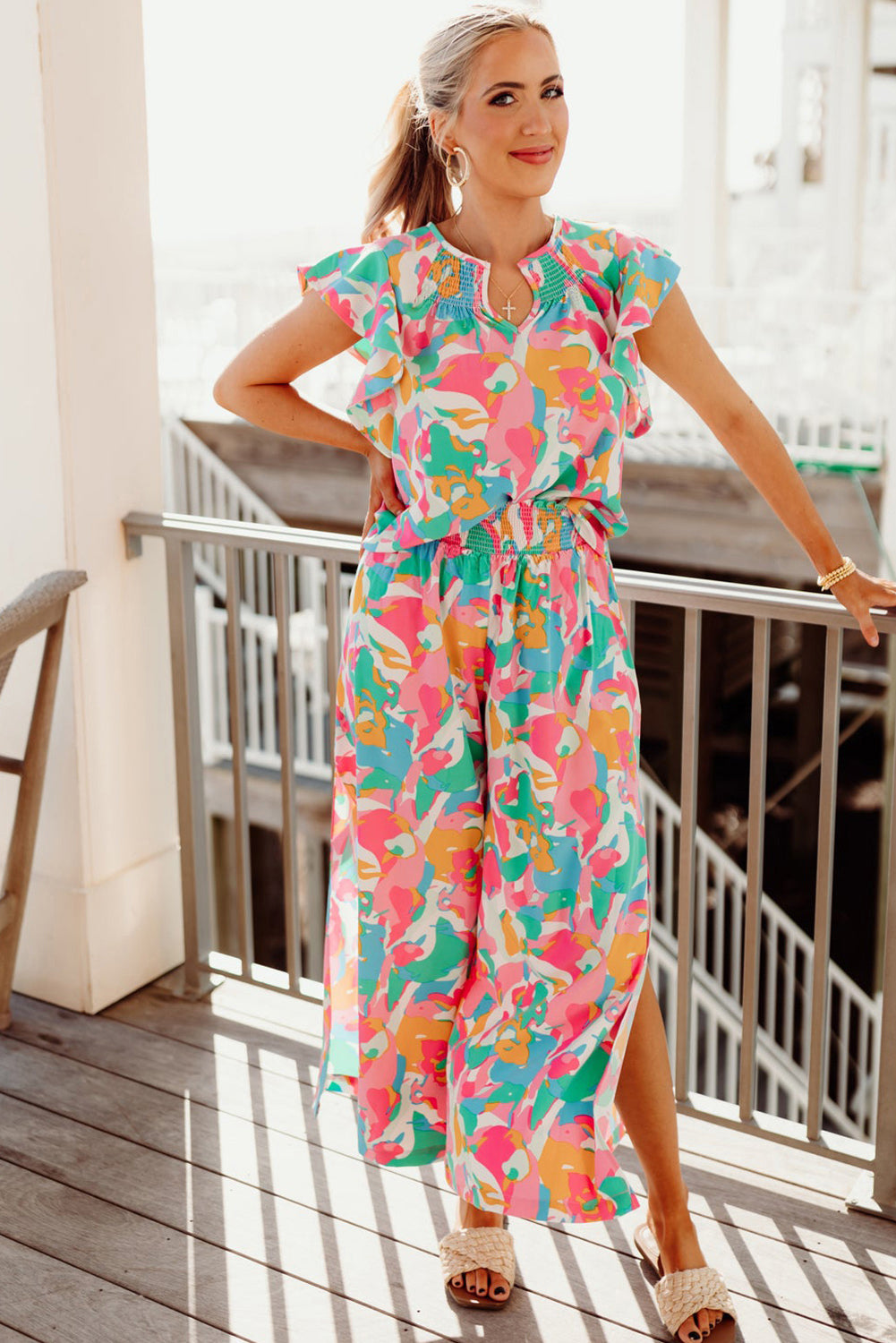 Floral Ruffled Sleeve Top Smocked Wide Leg Trousers Set eAura